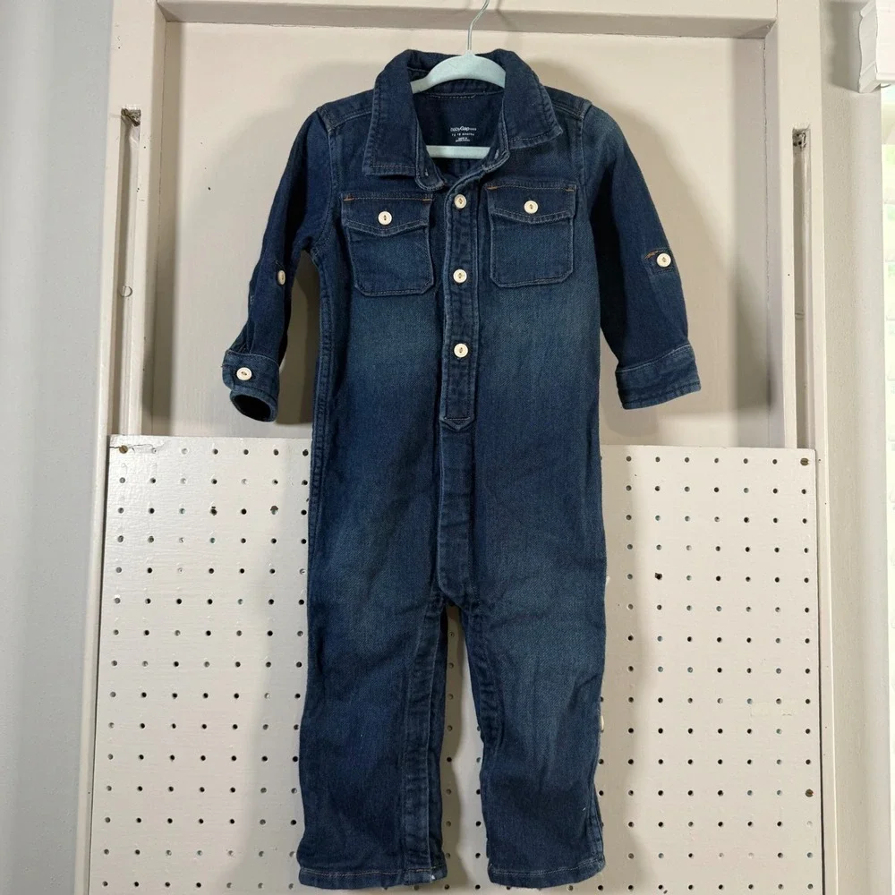 BabyGAP 1969 One-Piece Kids Blue Denim Stretch Long Sleeve Romper - 12-18 Months